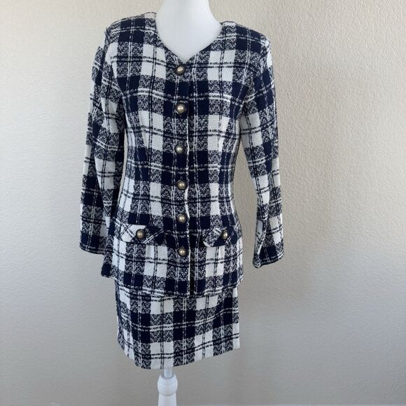 Byer California Jackets & Blazers - Byer Dress Jacket & Skirt Suit Set Navy Blue White Plaid Juniors Size 9 Vintage